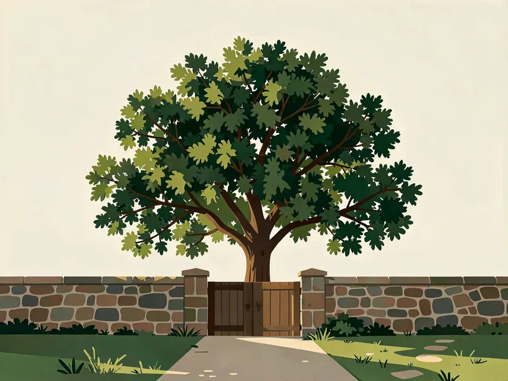An oak behind a stone wall with the garden gate standing open.