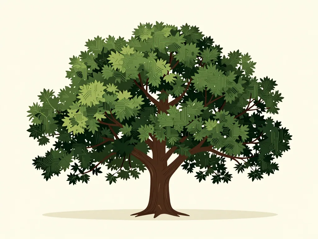 A broad, full-crowned oak tree standing alone on a cream field.
