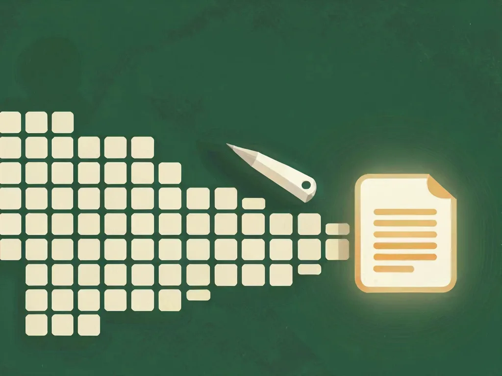 A field of blank app tiles thinning out toward one glowing document at the right, a cursor passing through them.